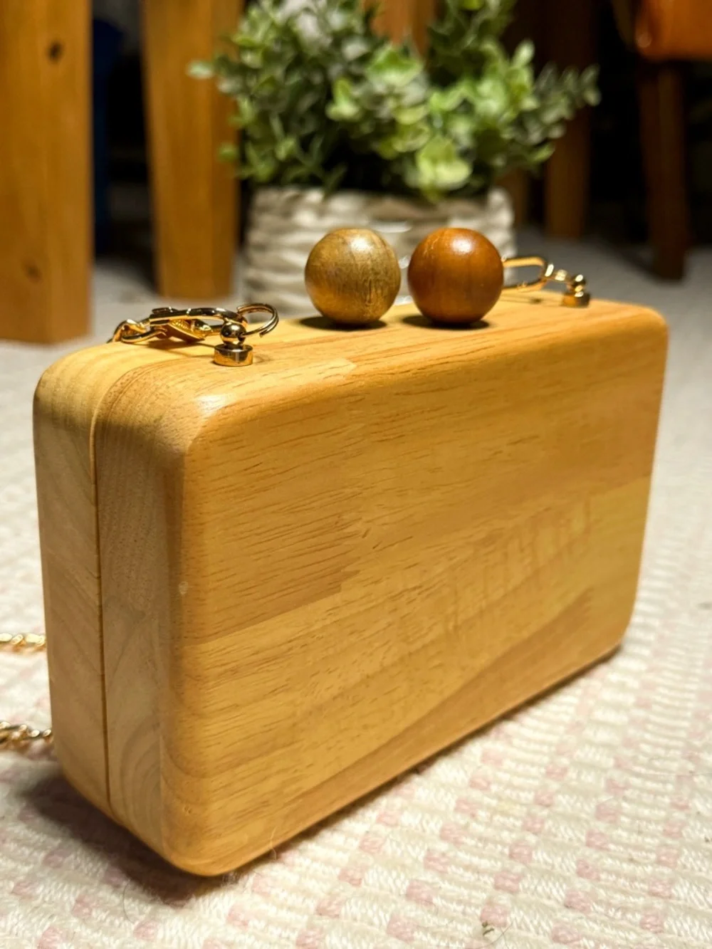 Unique Wooden Box Kisslock Clutch with Gold Chain by Inge Christopher